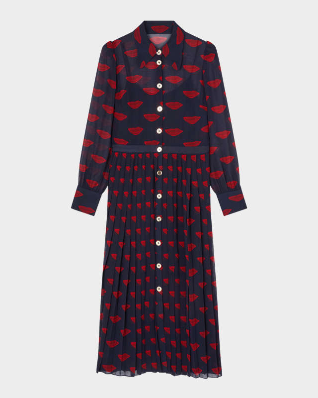 Tallis Pleated Lip-Print Midi Shirtdress